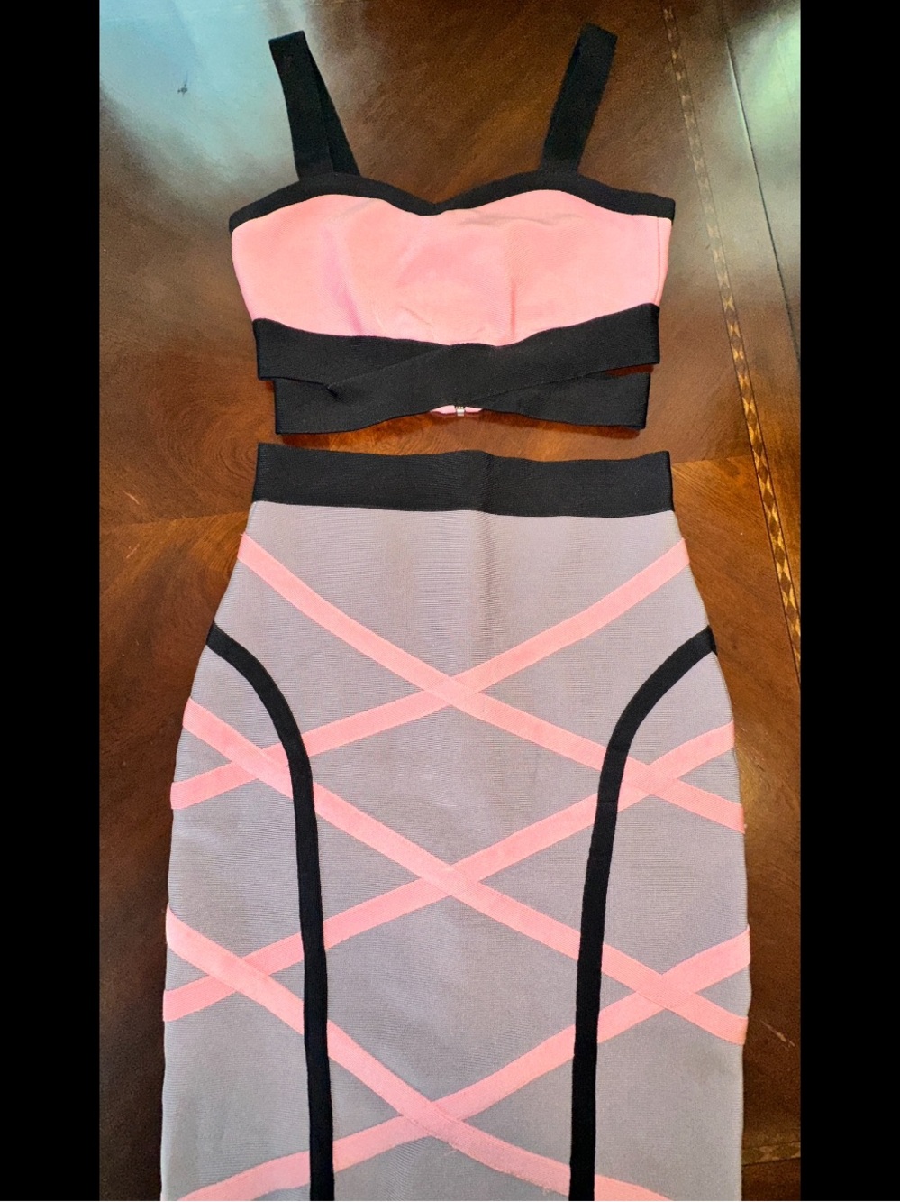 Fashion Nova Pink and Gray Bandage Skirt Set with Black Trim (S)